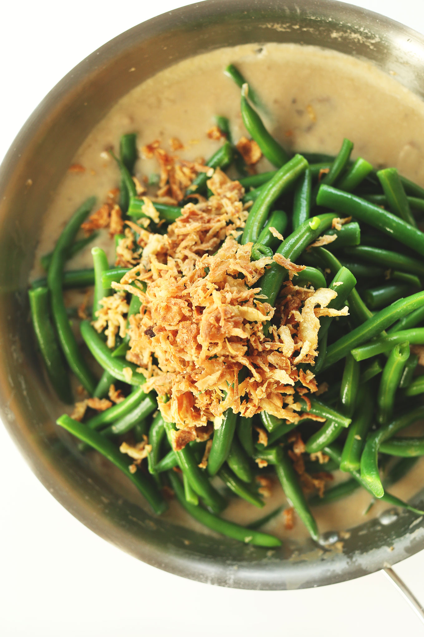 Pan filled with our vegan Green Bean Casserole recipe