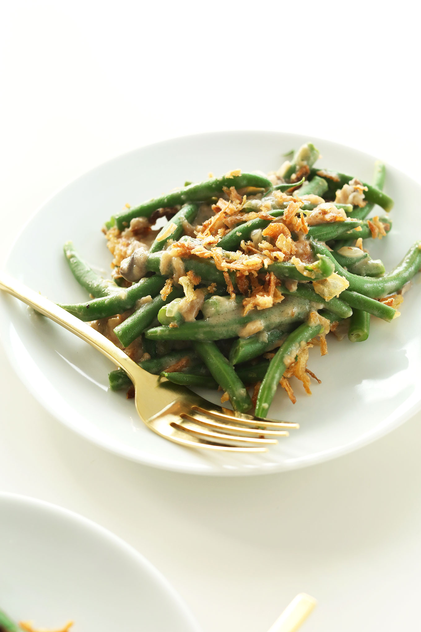 Plate of our creamy and delicious Vegan Green Bean Casserole recipe