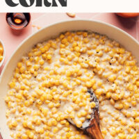 Overhead shot of a pan of easy vegan creamed corn